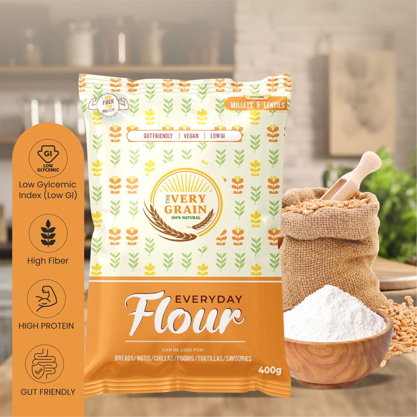 Everyday Flour (Low GI, High Protein, Wheat Free, Diabetic Friendly) - 1.6Kg (Pack of 4)+ 1 Free (400 Gms)
