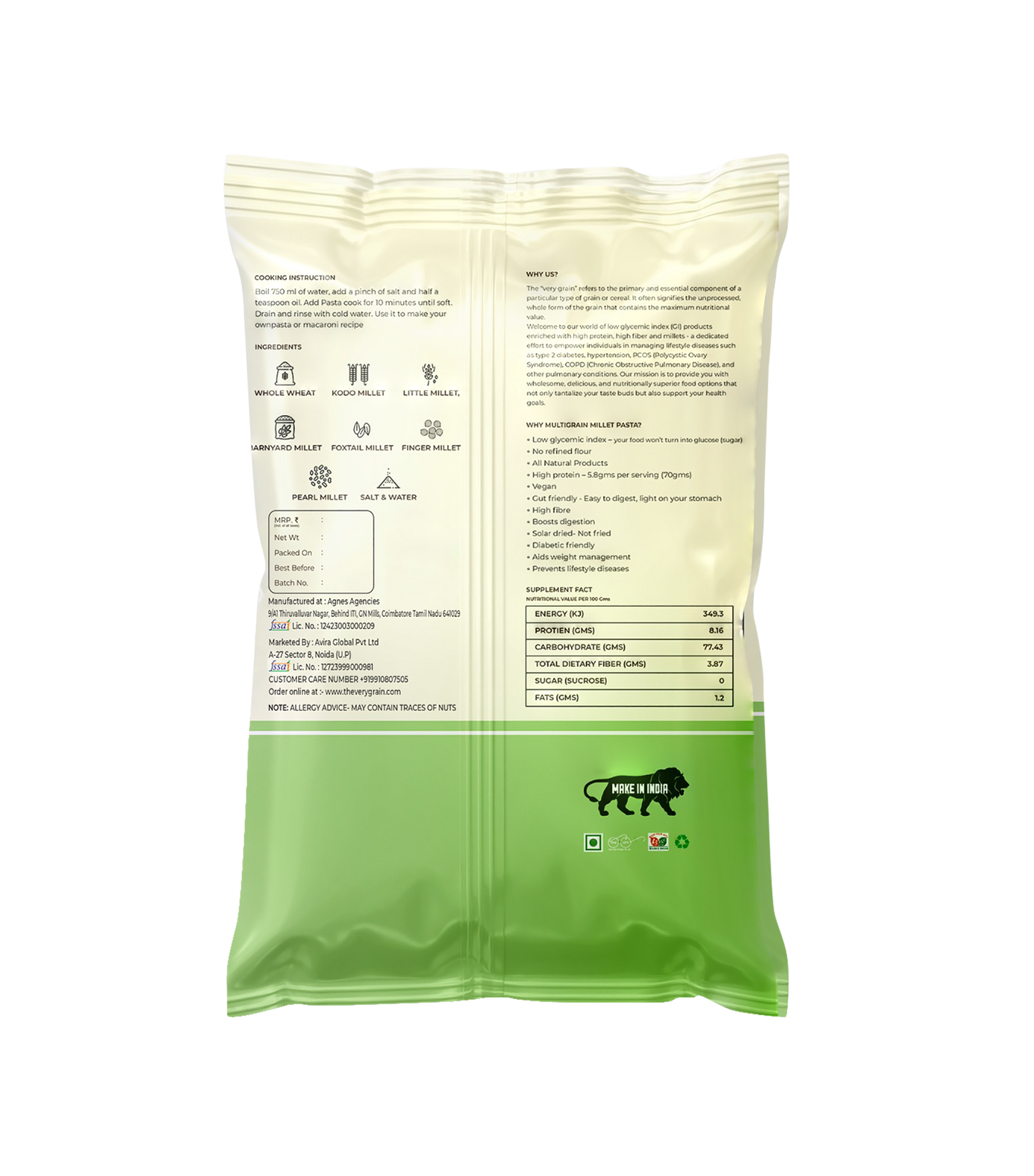 Multigrain Millet Pasta (Zero Maida, Low GI, High Protein) - 180Gms each