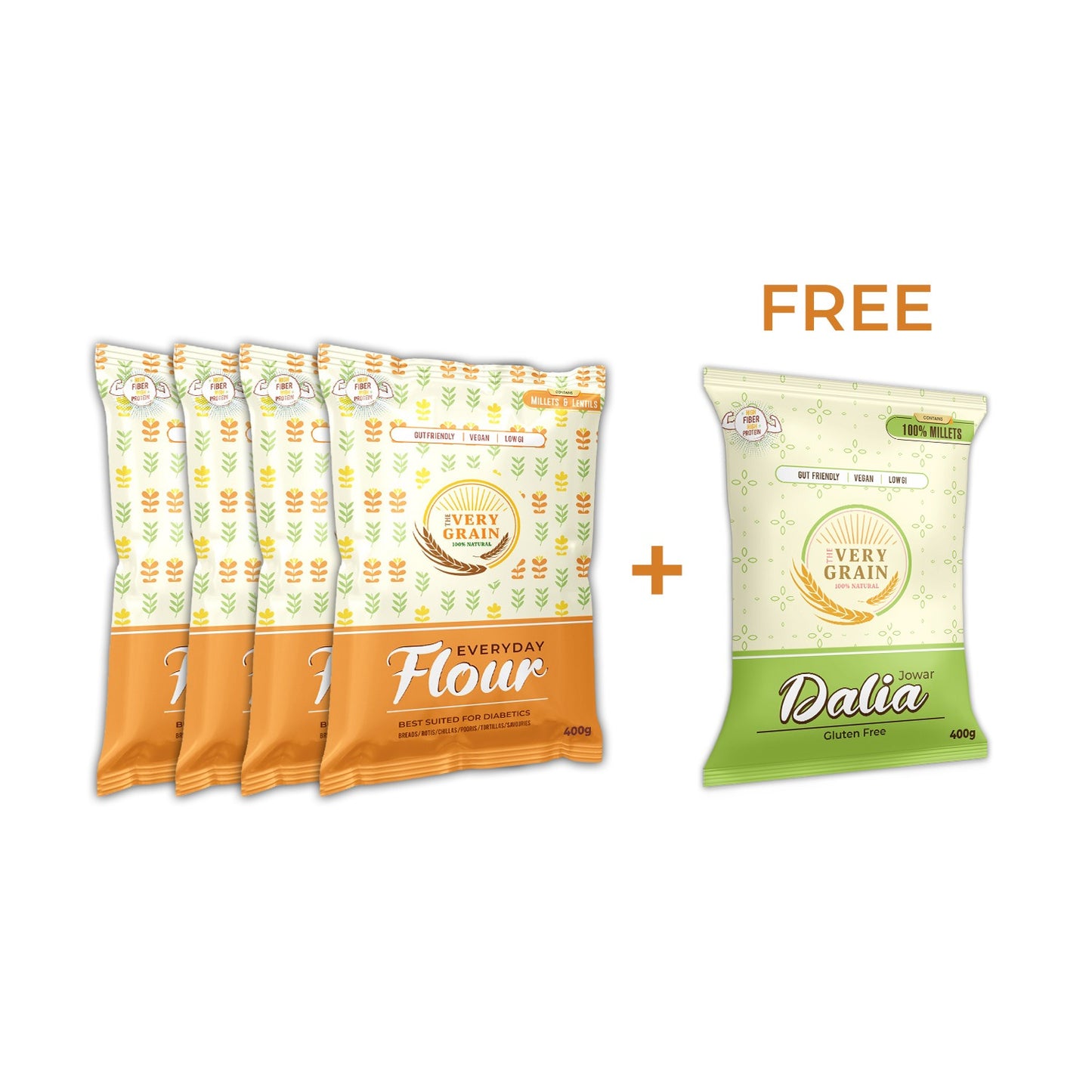 Diabetic Friendly Combo - Everyday Flour - 1.6Kg (Pack of 4) + Free Jowar Dalia (400 Gms)