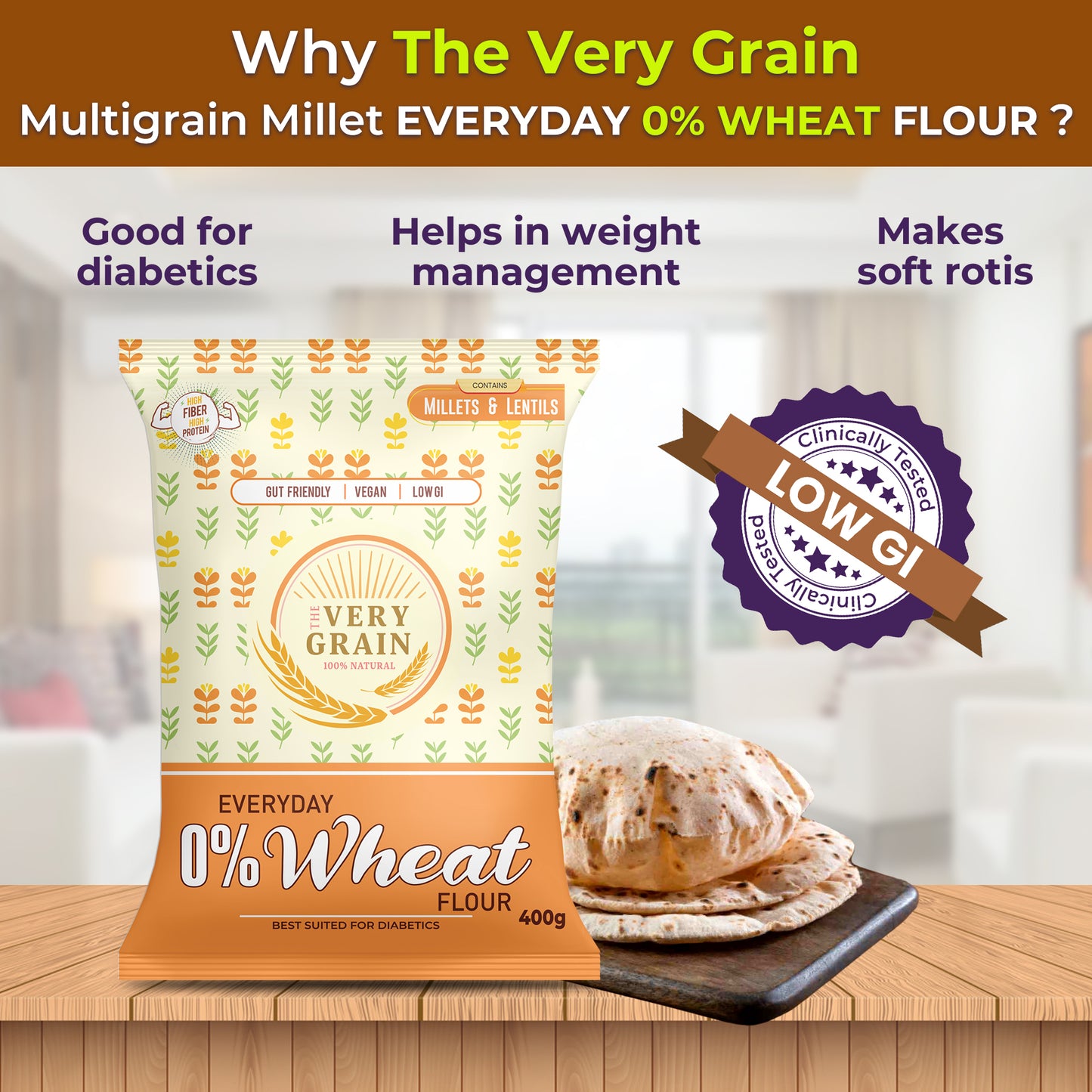 Everyday 0% Wheat Flour (Low GI, High Protein, Wheat Free, Diabetic Friendly) - 400 gms each (Pack of 4)