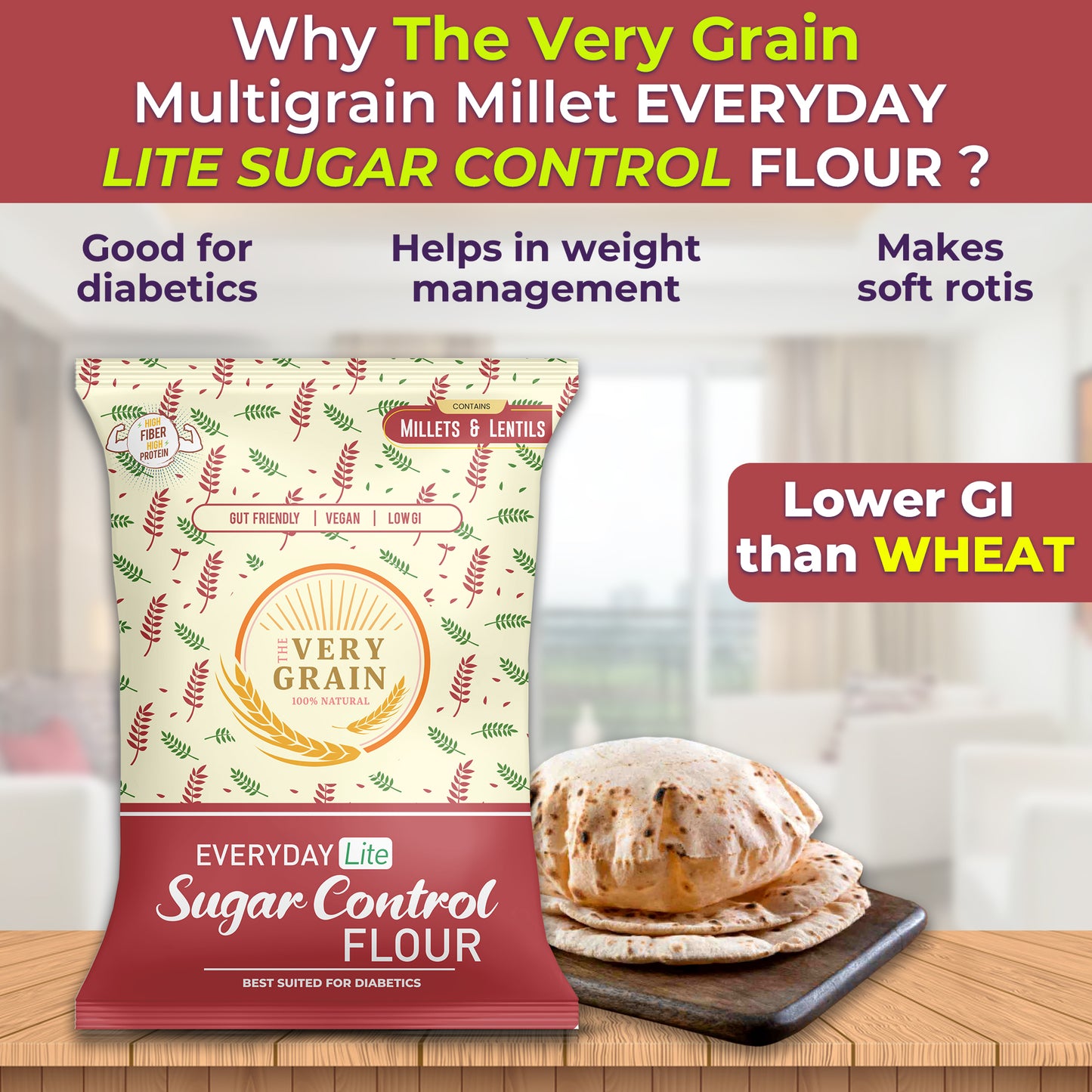 Everyday Lite Sugar Control Flour (25% Lower GI than wheat, High Protein, Diabetic Friendly, Multigrain MultiMillet) - (2+2) Kgs + 500 Gms Free