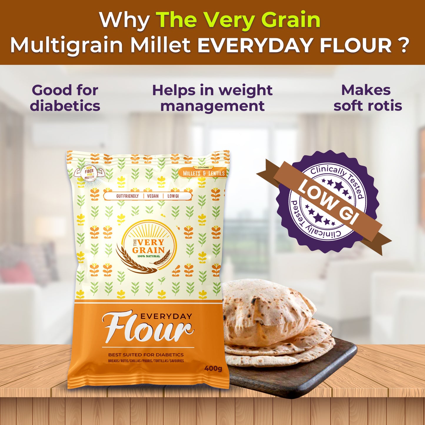 Diabetic Friendly Combo - Everyday Flour - 1.6Kg (Pack of 4) + Free Jowar Dalia (400 Gms)
