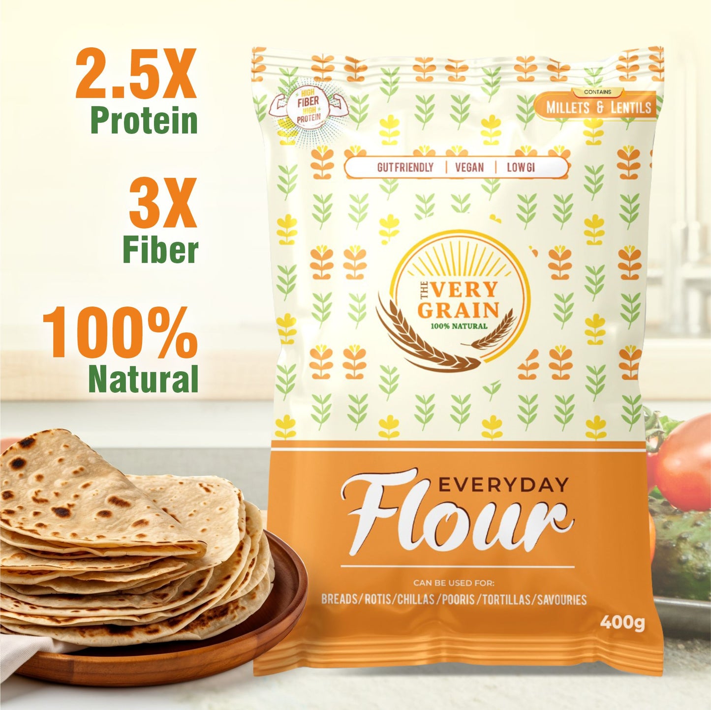 Everyday Flour (Low GI, High Protein, Wheat Free, Diabetic Friendly) - 1.6Kg (Pack of 4)