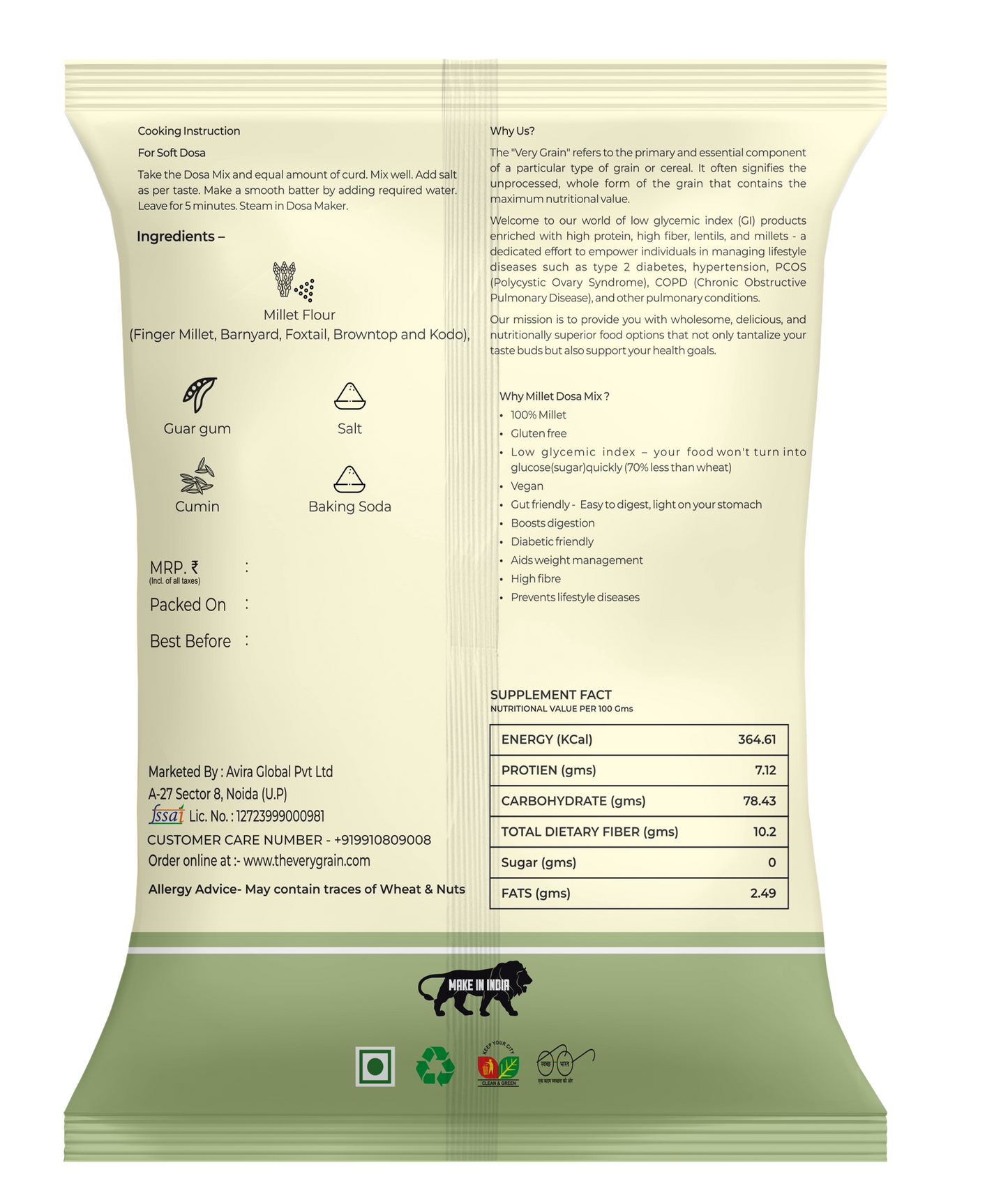 Millet Dosa Mix (Gluten Free, Low GI, Diabetic Friendly) - 400 Gms