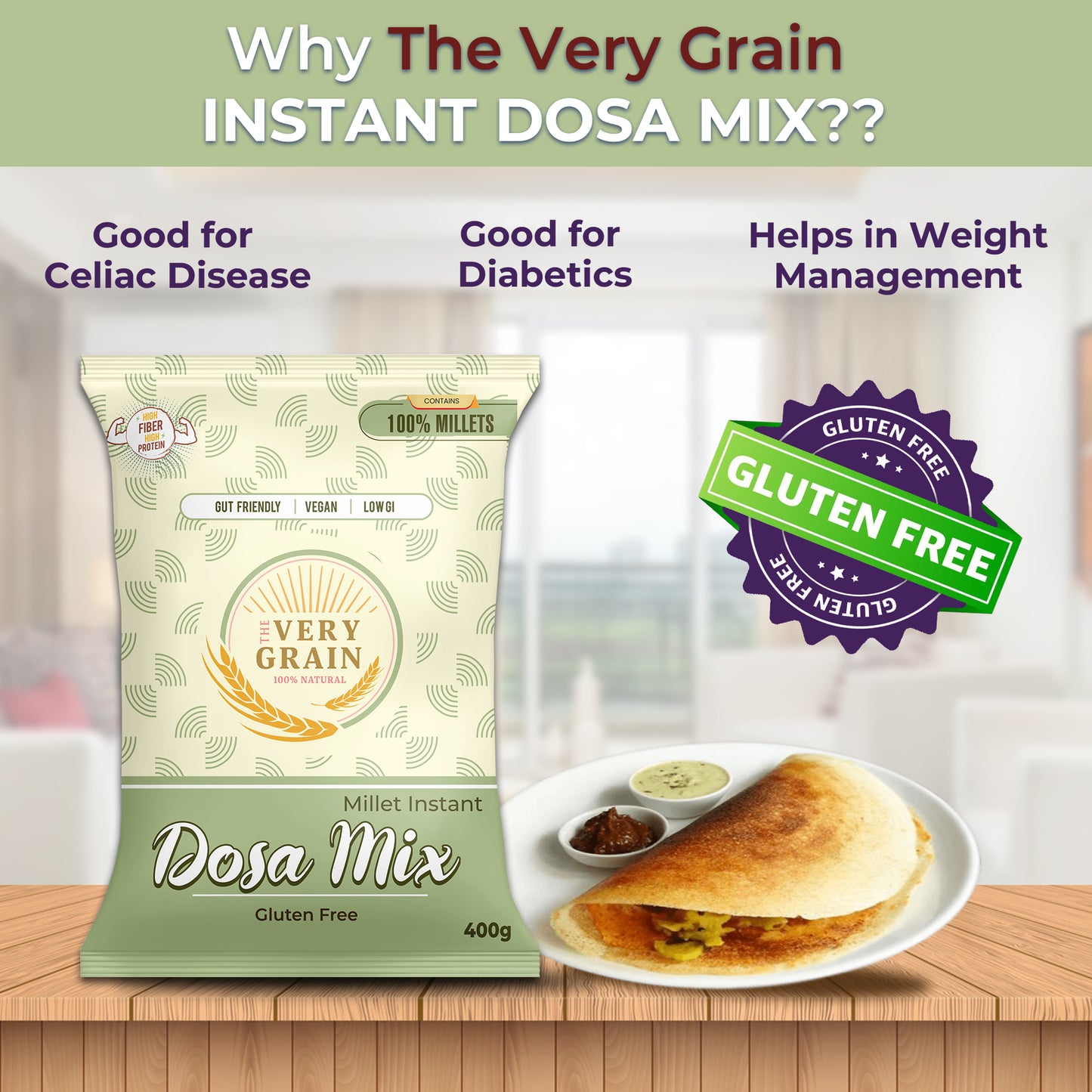 Millet Dosa Mix (Gluten Free, Low GI, Diabetic Friendly) - 400 Gms